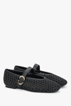 Women's black woven ballet flats with premium leather details and a gold buckle, Frau.