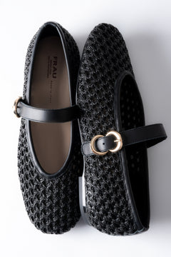 Woven ballet flats for women, black with tonal leather trim and an elegant gold buckle, Frau.