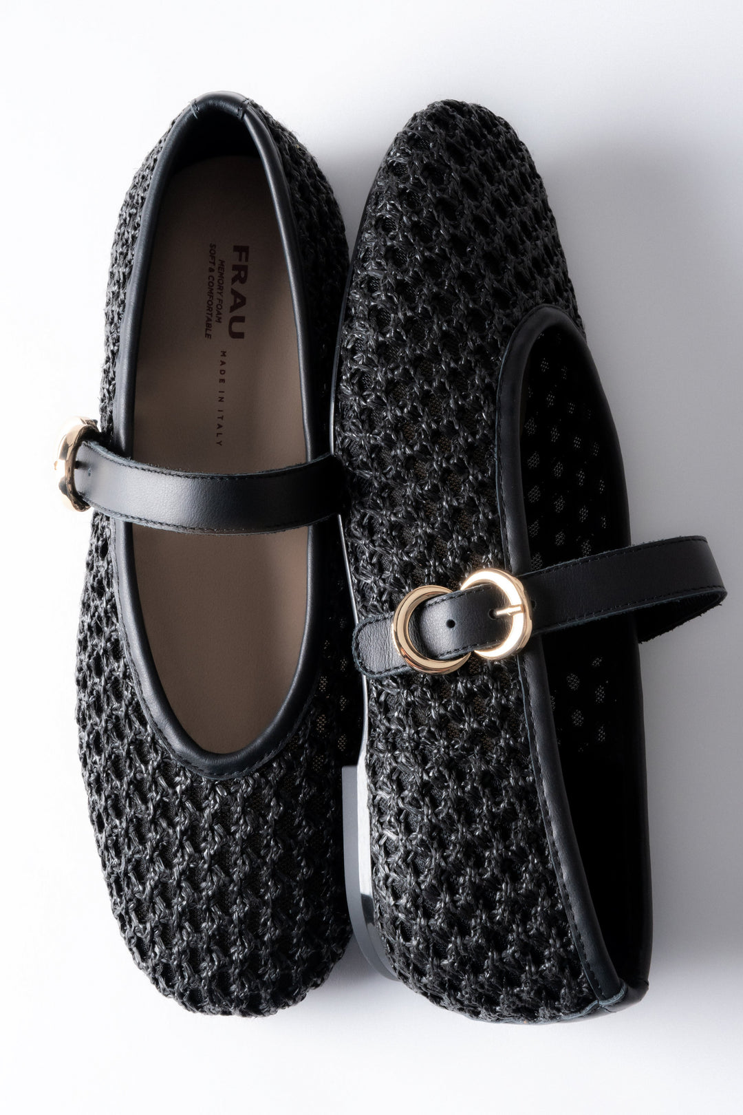 Woven ballet flats for women, black with tonal leather trim and an elegant gold buckle, Frau.