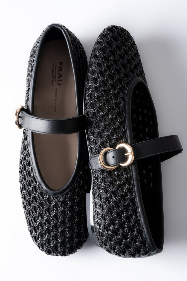 Woven ballet flats for women, black with tonal leather trim and an elegant gold buckle, Frau.
