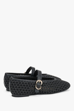 Black woven women's Mary Jane ballet flats with leather finishes and a gold buckle by Frau.