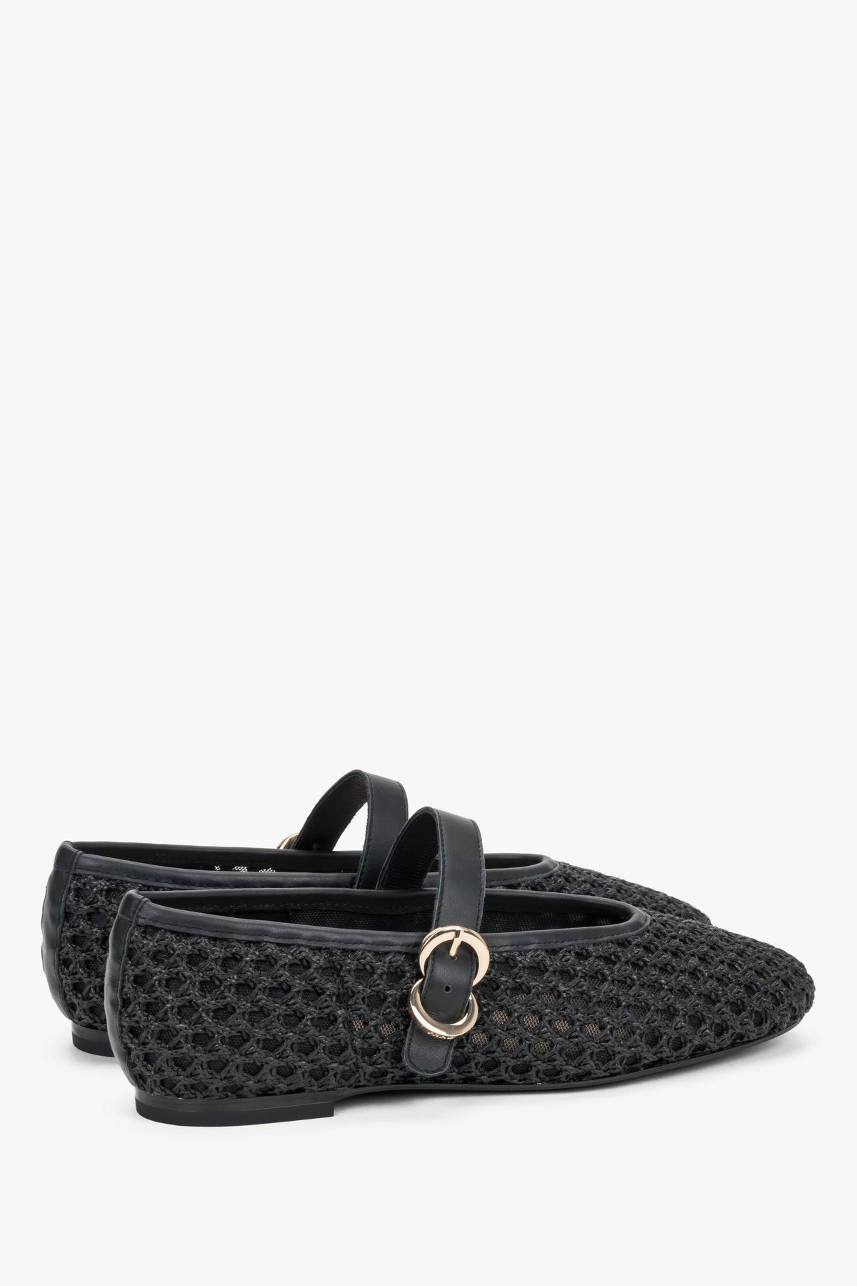 Black woven women's Mary Jane ballet flats with leather finishes and a gold buckle by Frau.
