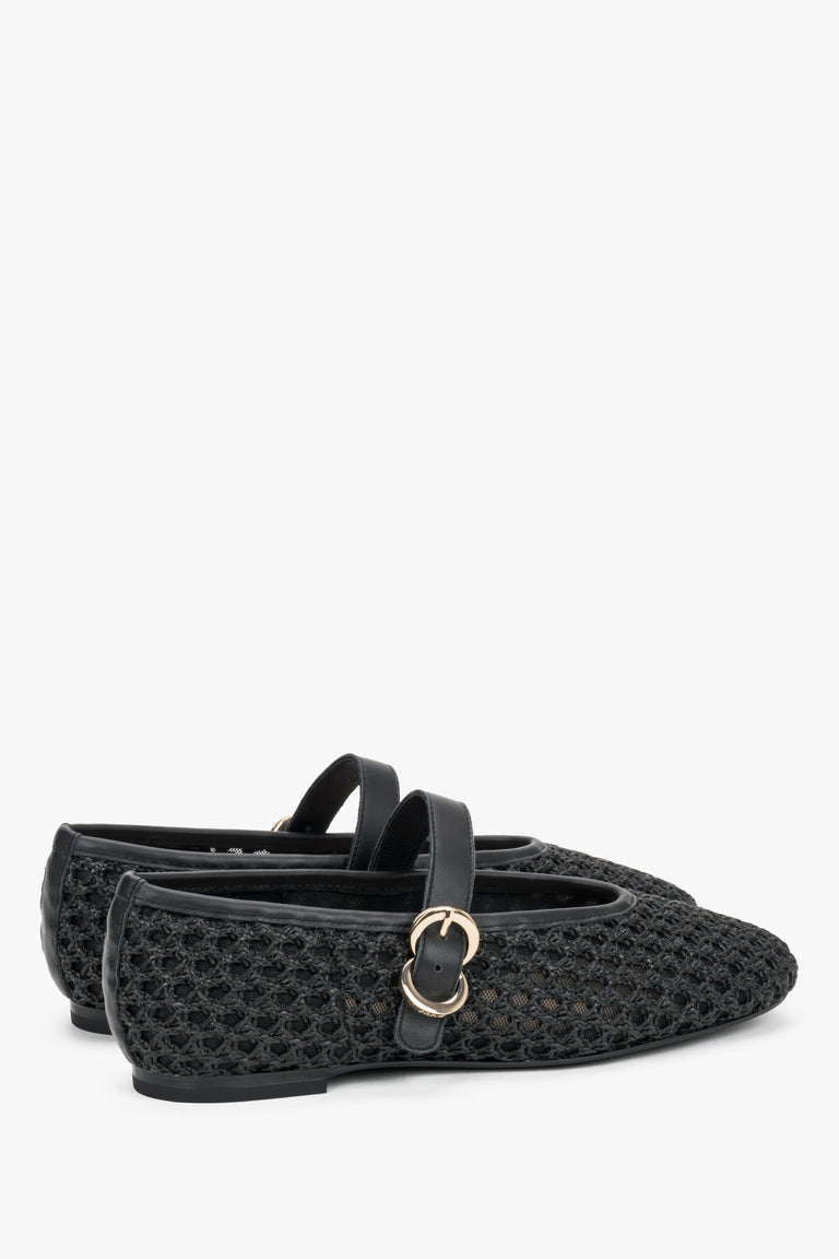 Black woven women's Mary Jane ballet flats with leather finishes and a gold buckle by Frau.