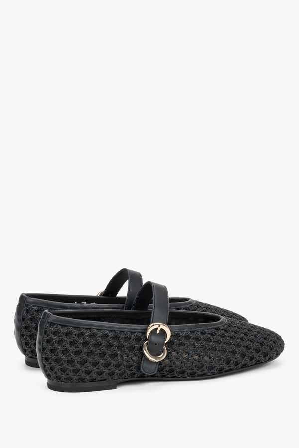 Black woven women's Mary Jane ballet flats with leather finishes and a gold buckle by Frau.