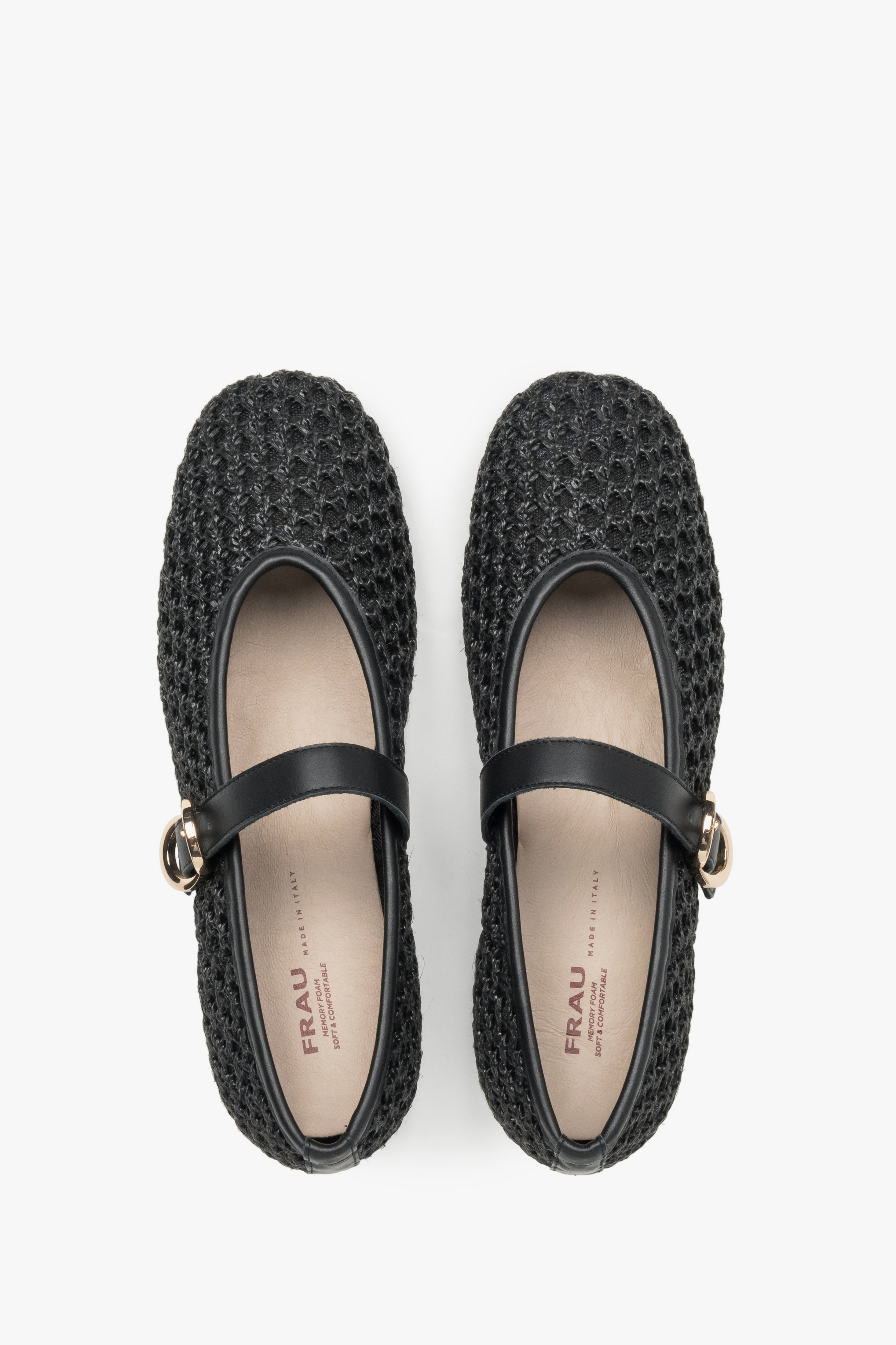 Black woven women's Mary Jane ballet flats with leather finishes and a gold buckle by Frau.