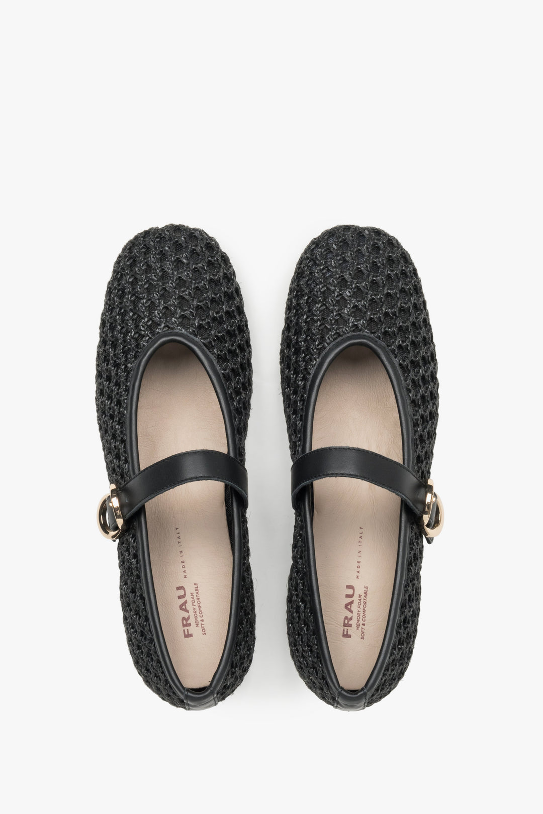Black woven women's Mary Jane ballet flats with leather finishes and a gold buckle by Frau.