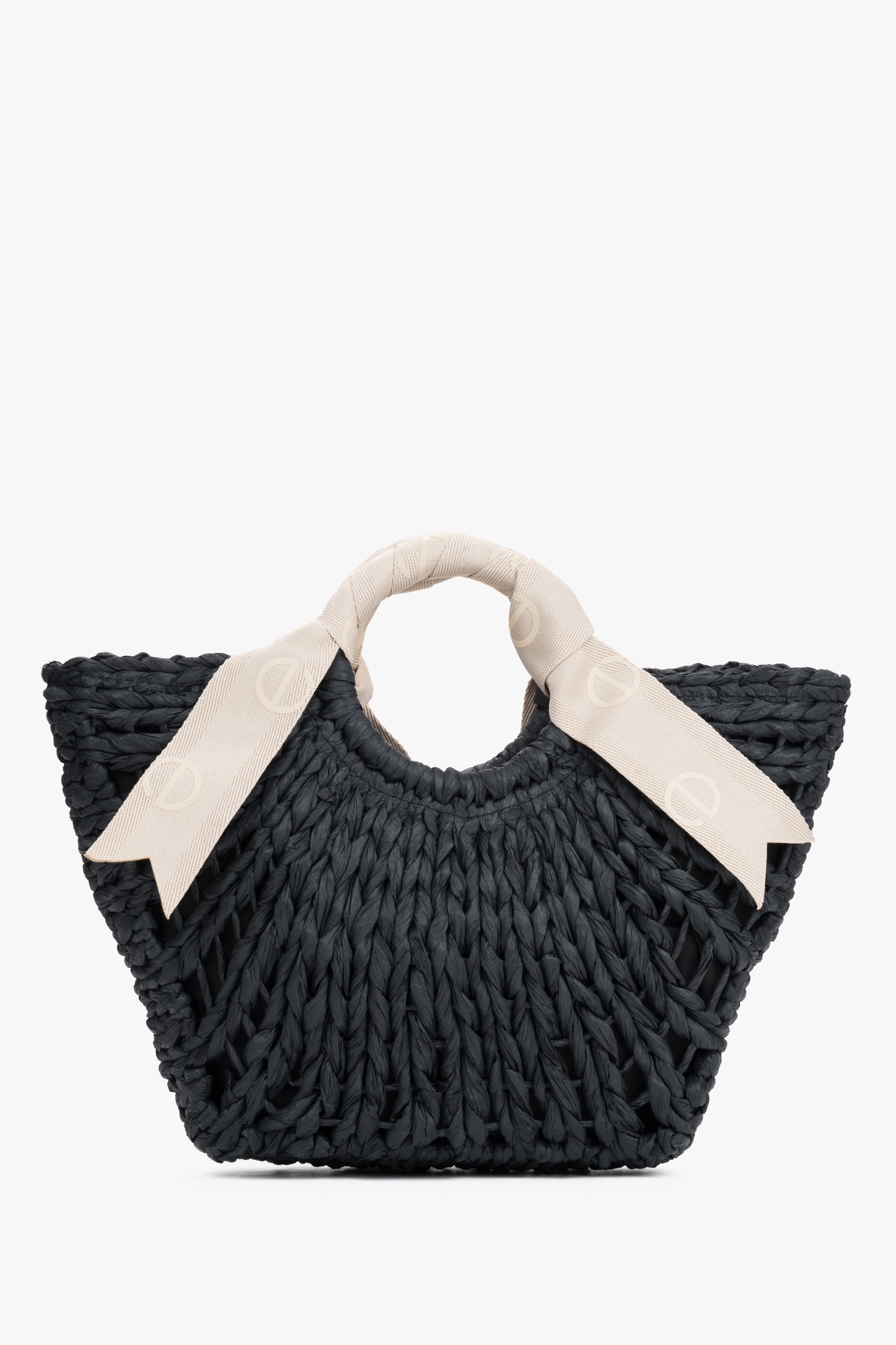 Women's Black Woven Basket Bag with White Handle Estro ER00119664.
