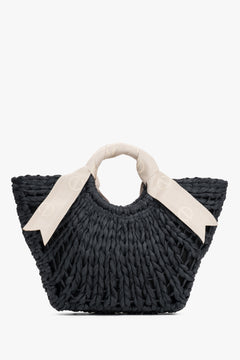 Women's Black Woven Basket Bag with White Handle Estro ER00119664.