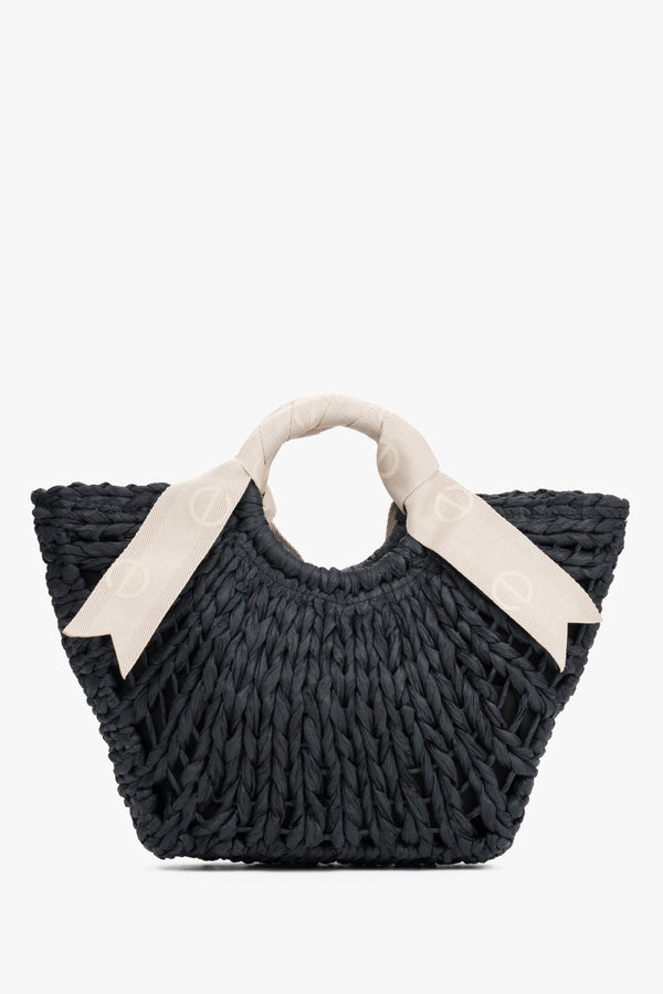 Women's Black Woven Basket Bag with White Handle Estro ER00119664.