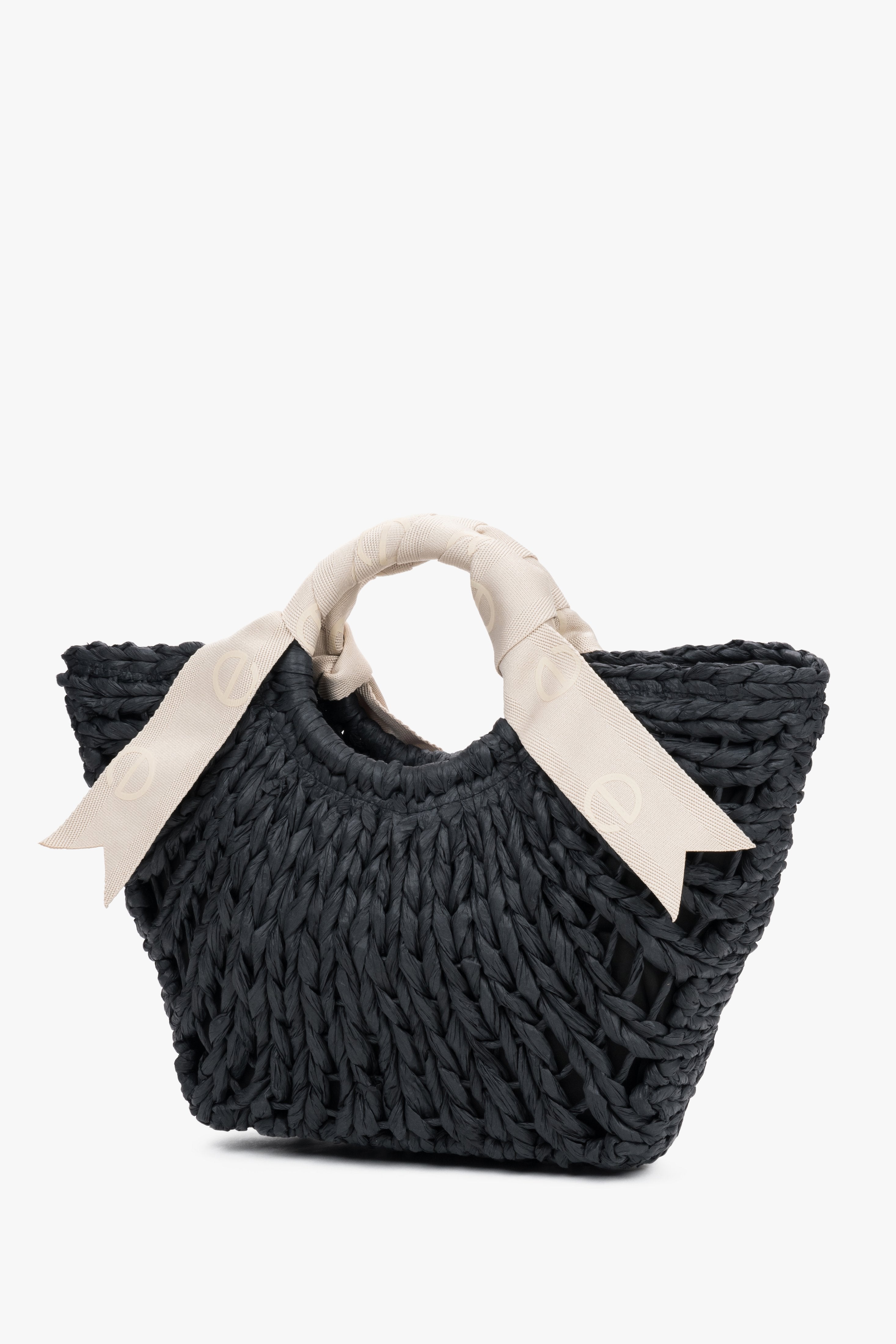 Back woven texture bag with white handle.