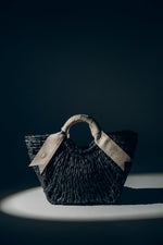 Women's Black Woven Basket Bag with White Handle Estro ER00119664.