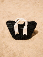 Women's Black Woven Basket Bag with White Handle Estro ER00119664.