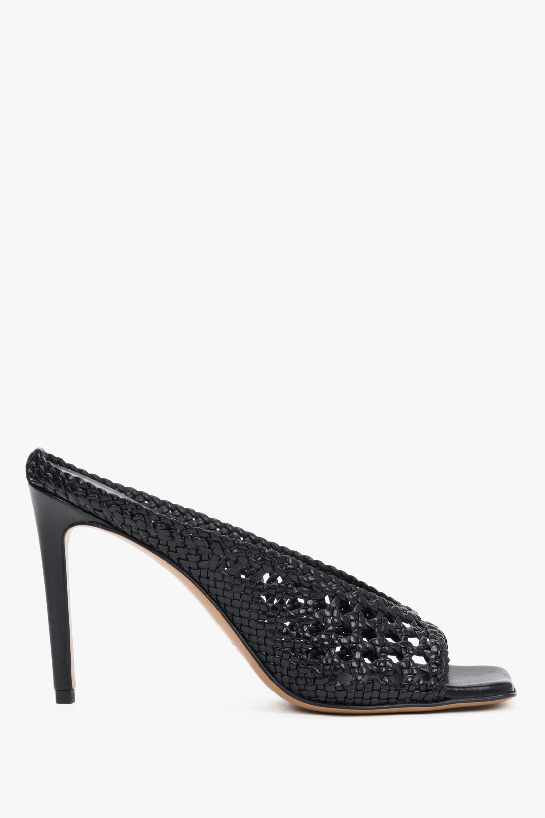 Women's black woven leather mules with a 10 cm stiletto heel by Guglielmo Rotta.