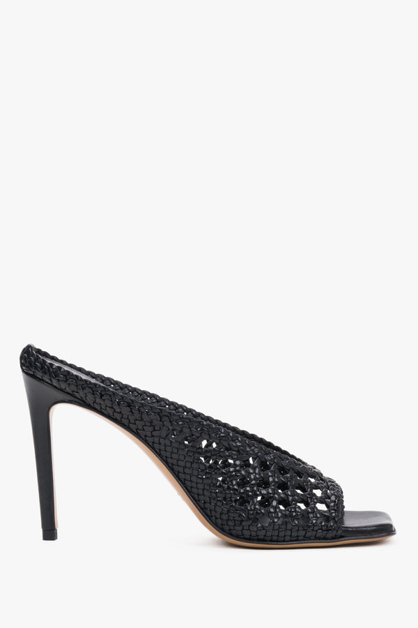 Women's black woven leather mules with a 10 cm stiletto heel by Guglielmo Rotta.