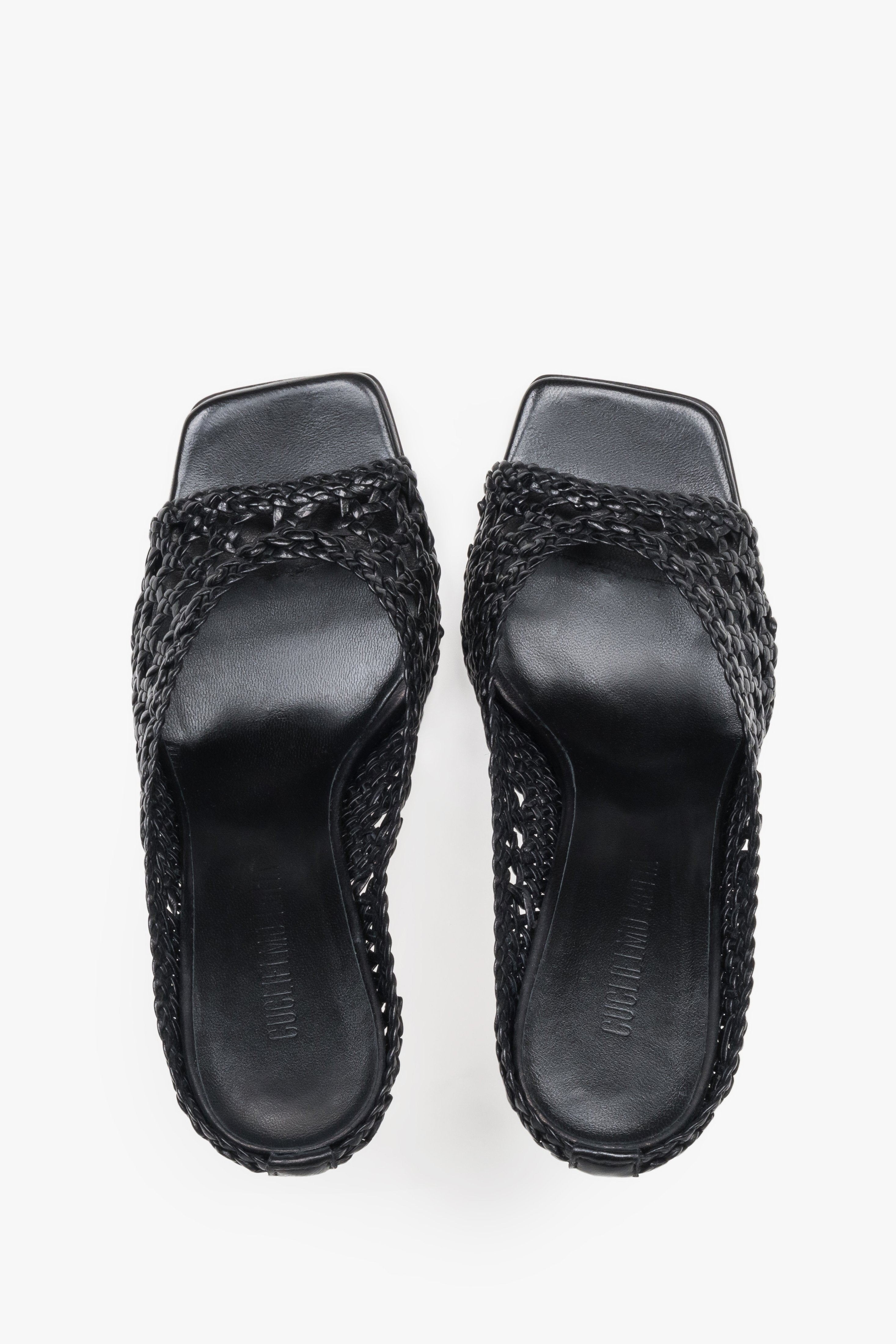 Guglielmo Rotta black high-heel mules featuring a premium woven leather strap.