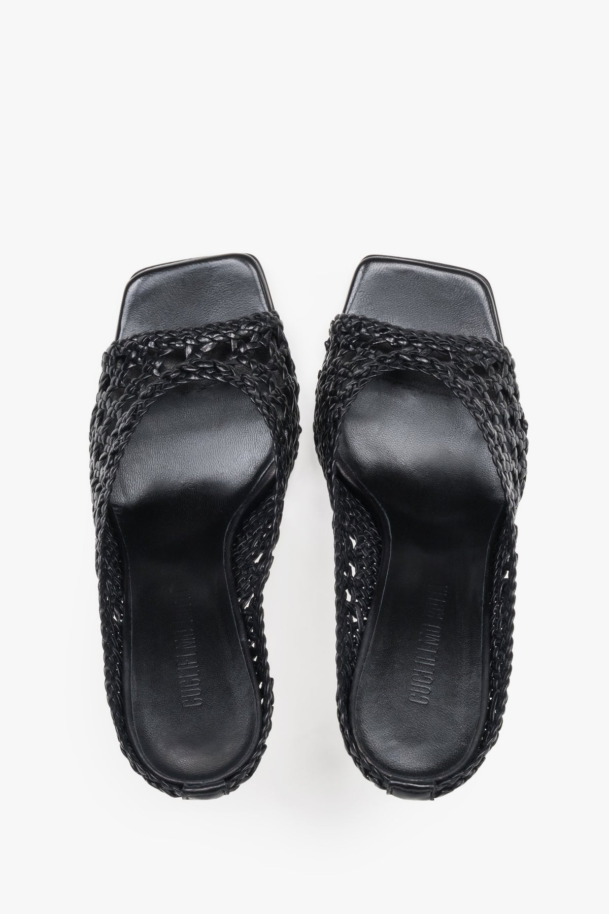 Guglielmo Rotta black high-heel mules featuring a premium woven leather strap.