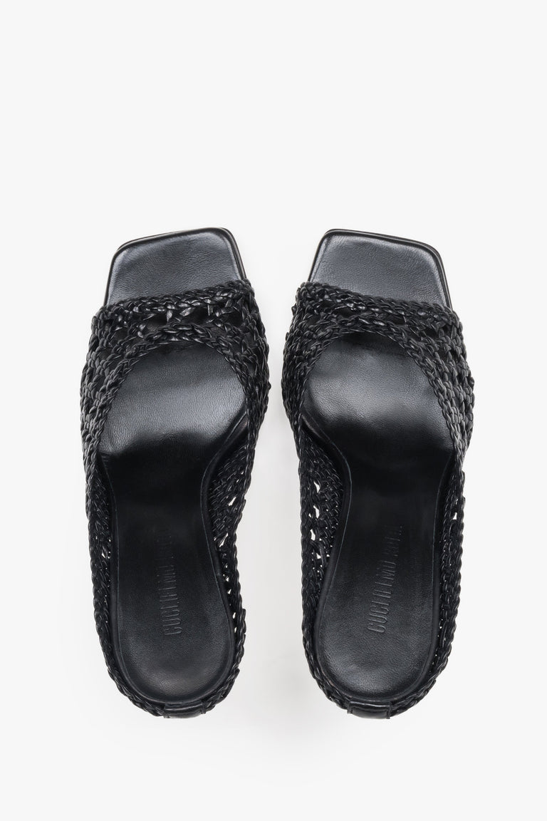 Guglielmo Rotta black high-heel mules featuring a premium woven leather strap.