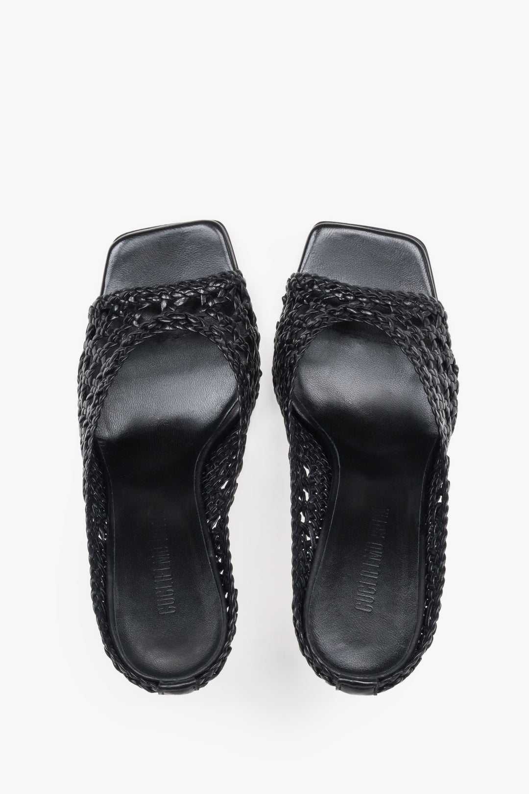 Guglielmo Rotta black high-heel mules featuring a premium woven leather strap.
