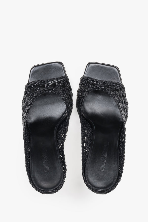 Guglielmo Rotta black high-heel mules featuring a premium woven leather strap.
