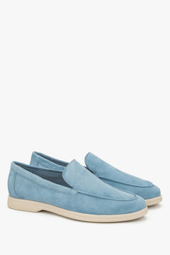 Blue women’s suede loafers by Frau – close-up of the heel counter and the side vamp.