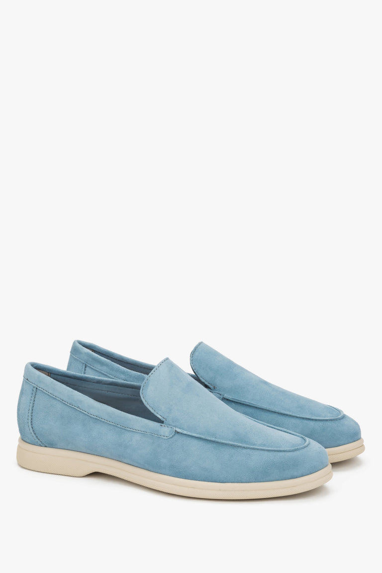Blue women’s suede loafers by Frau – close-up of the heel counter and the side vamp.