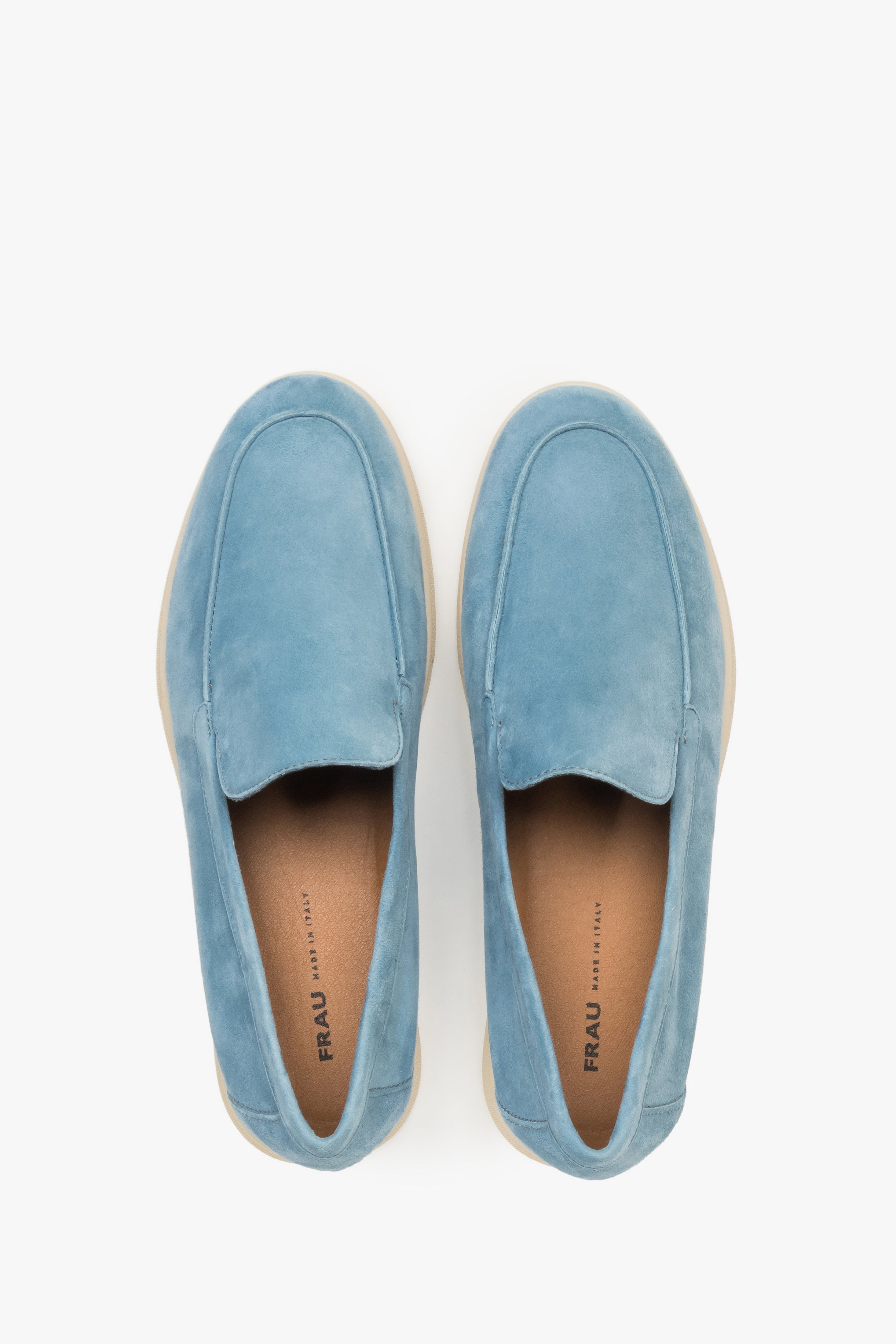 Blue women’s suede loafers by Frau – top view showcasing the natural leather insole.