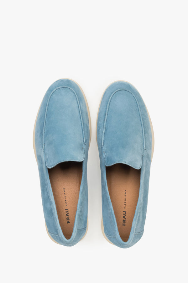 Blue women’s suede loafers by Frau – top view showcasing the natural leather insole.