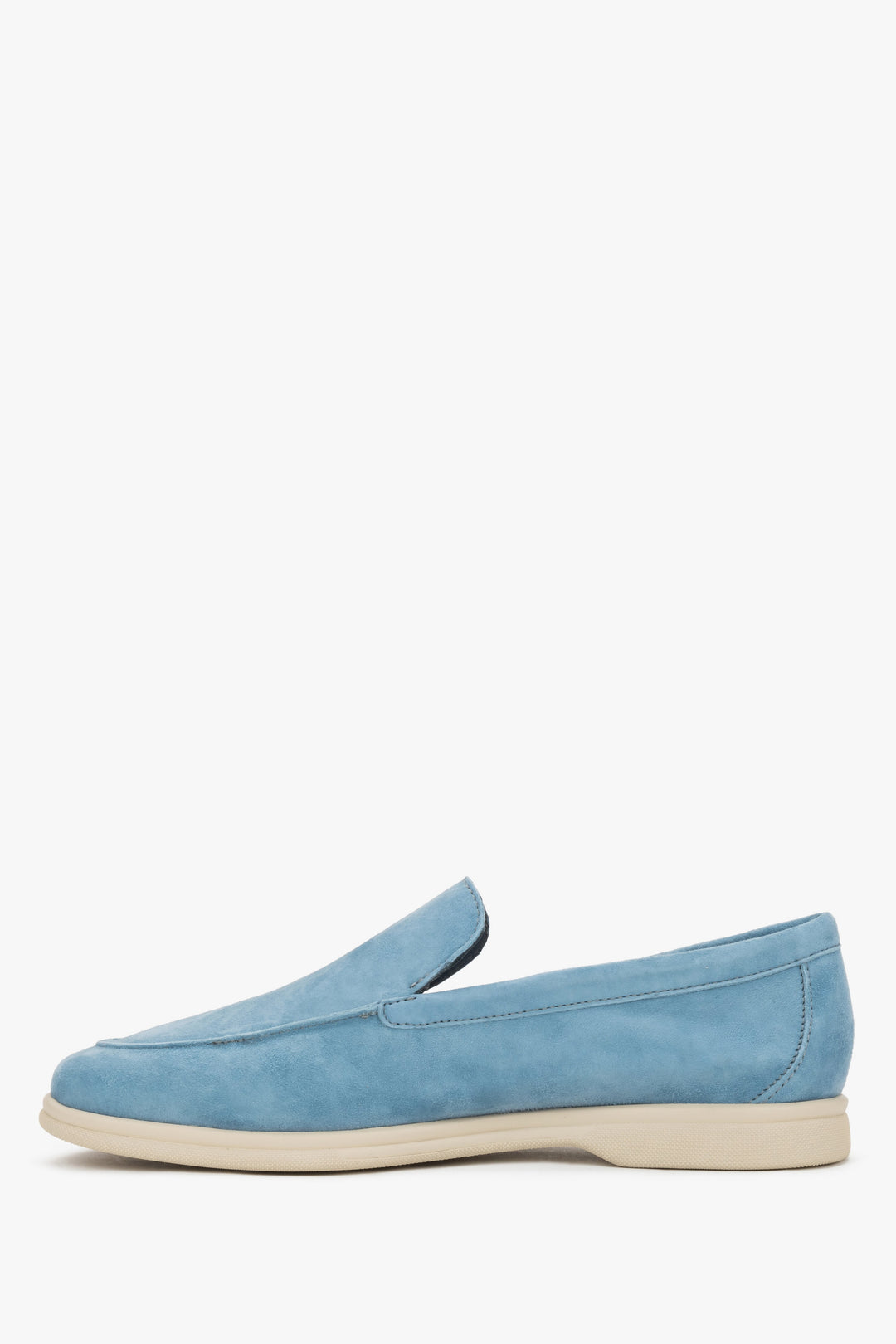 Blue women’s suede loafers by Frau – side view showing the low, light-colored sole.