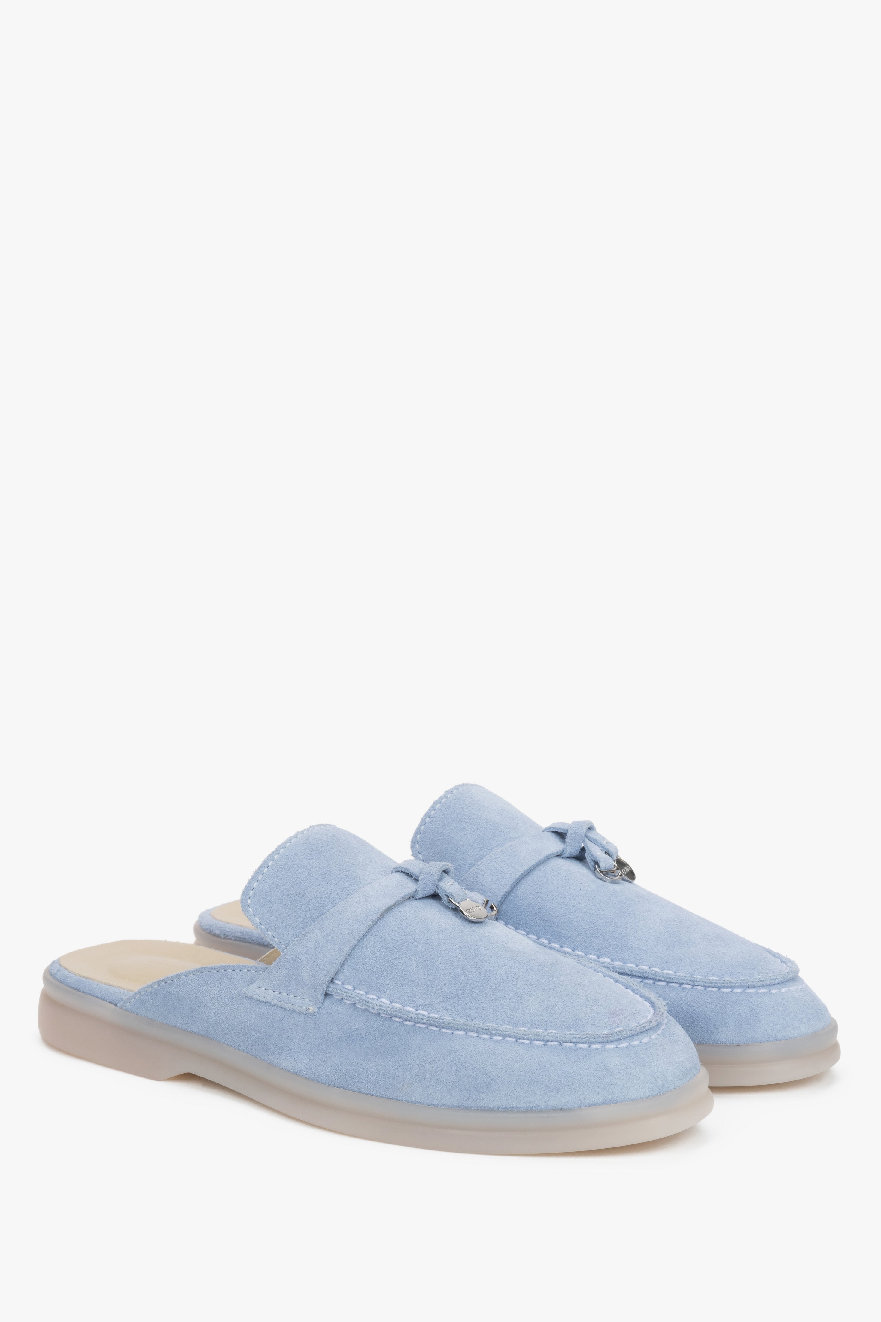 Light blue women’s mules made of soft Italian premium natural velour.