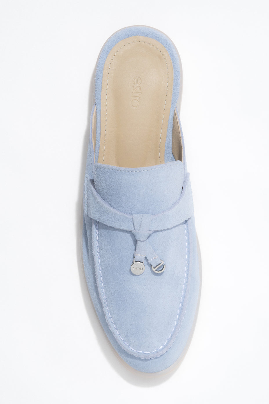 Women’s light blue mules made of soft Italian premium natural velour Estro.