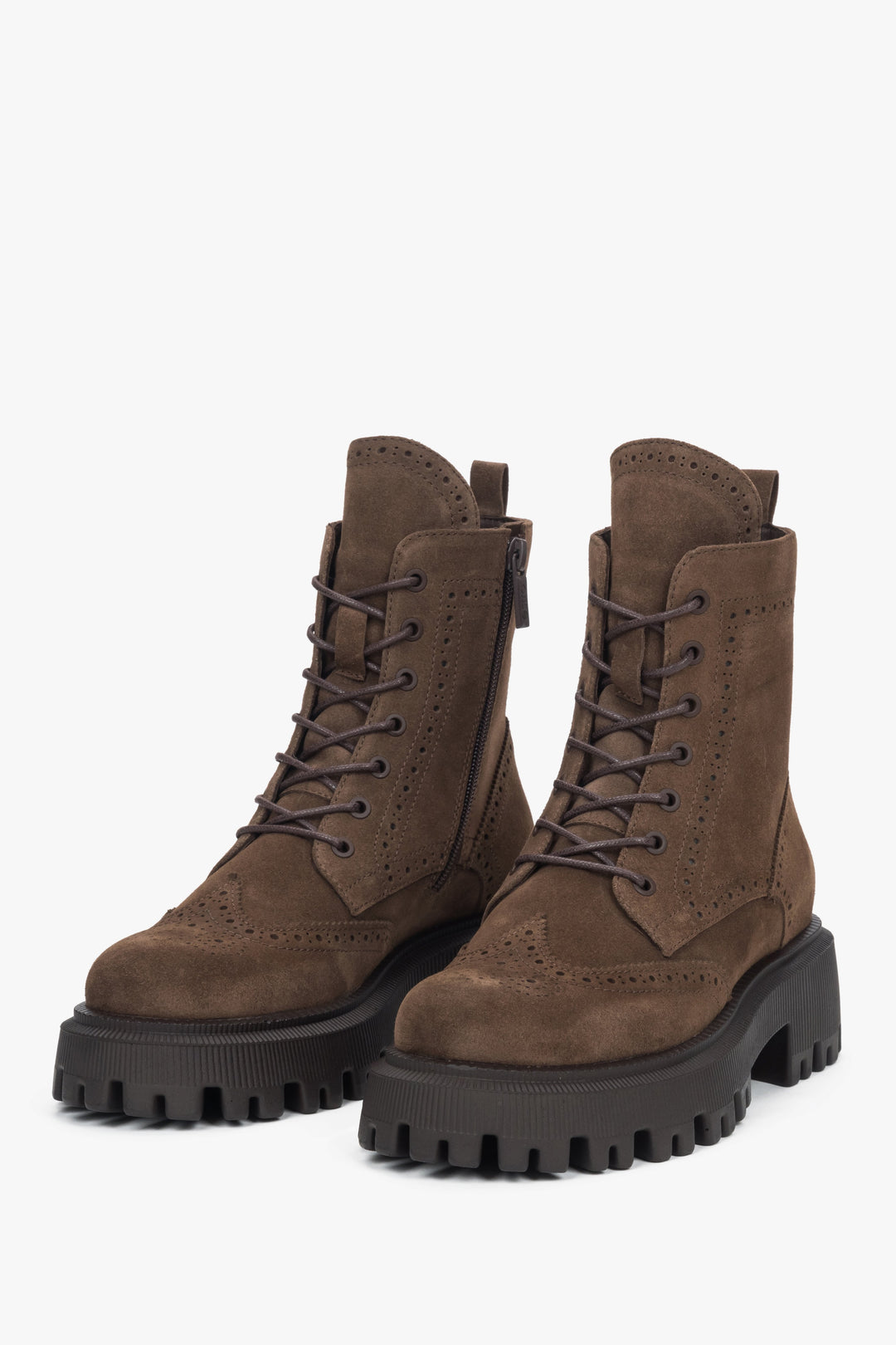 Women’s Estro combat boots in brown velour, featuring a lug sole and soft flannel interior.