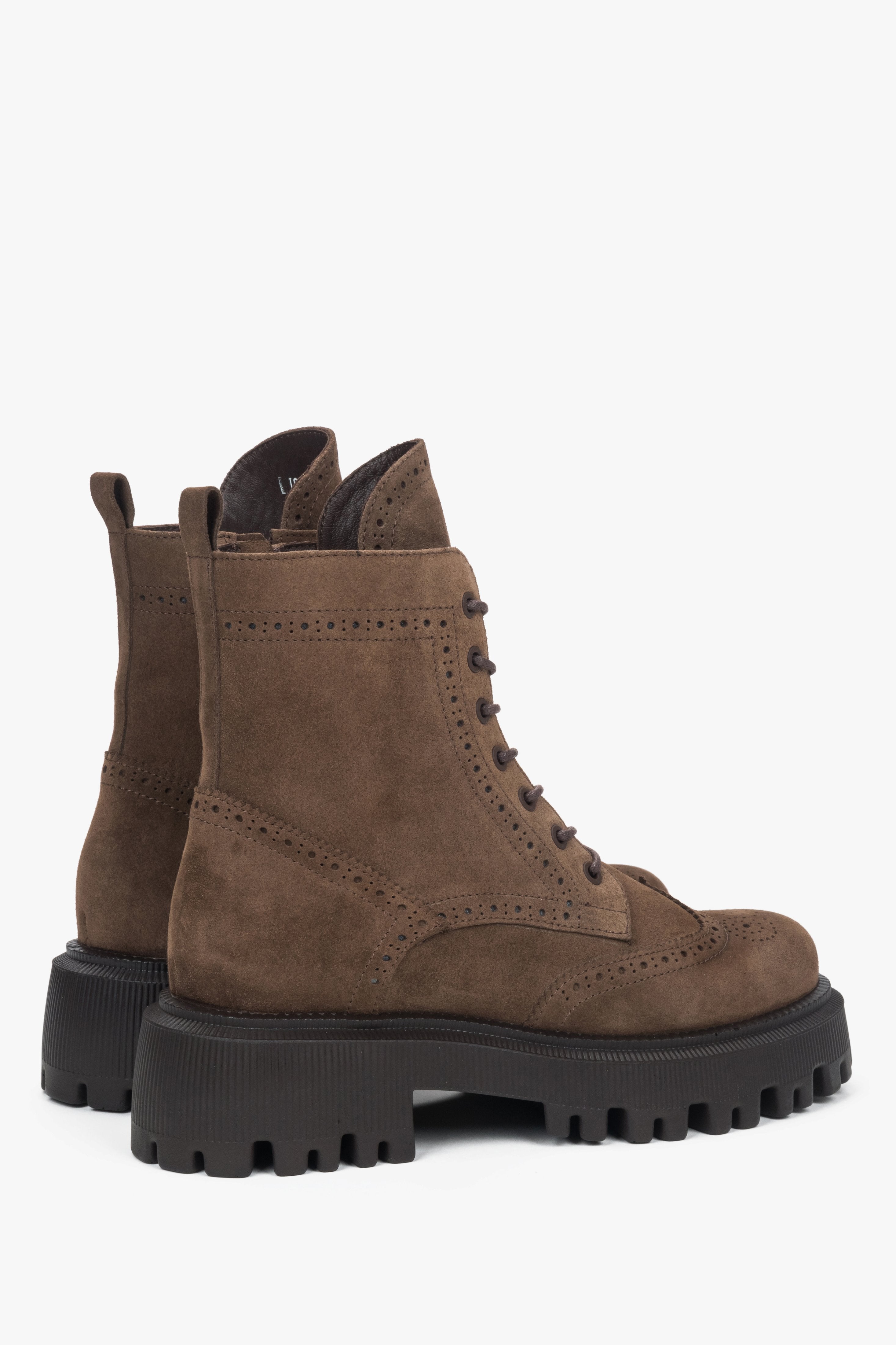 Brown velour ankle boots in a worker style, set on a bold sole with flannel lining.