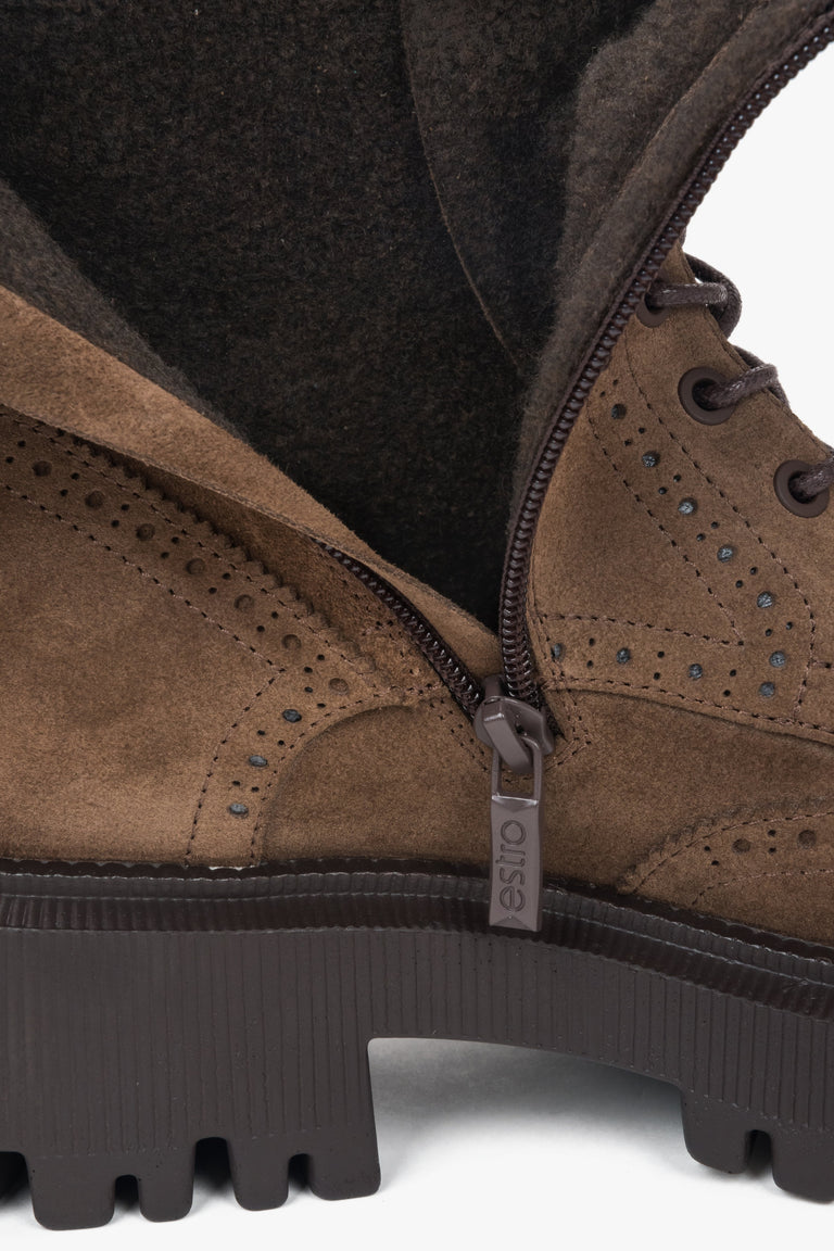 Estro brown combat boots crafted from velour, with laces and cozy flannel lining.