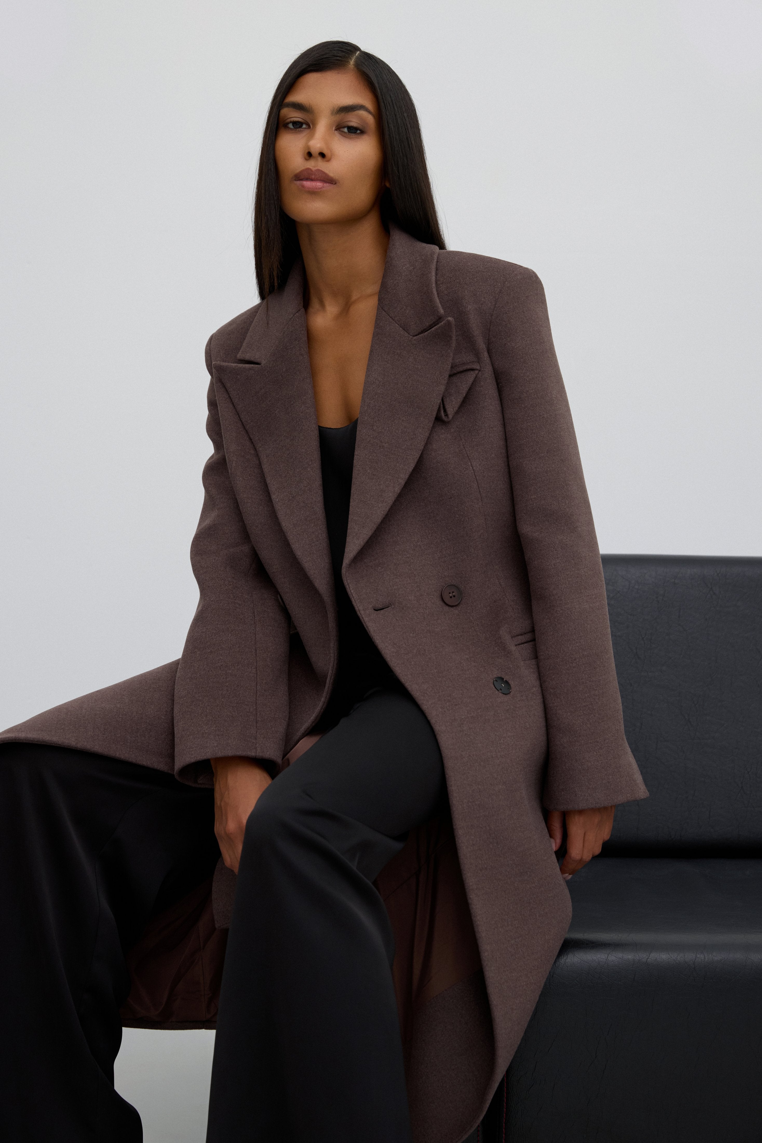 Brown Classic Double-Breasted Mid-Calf Wool Coat.