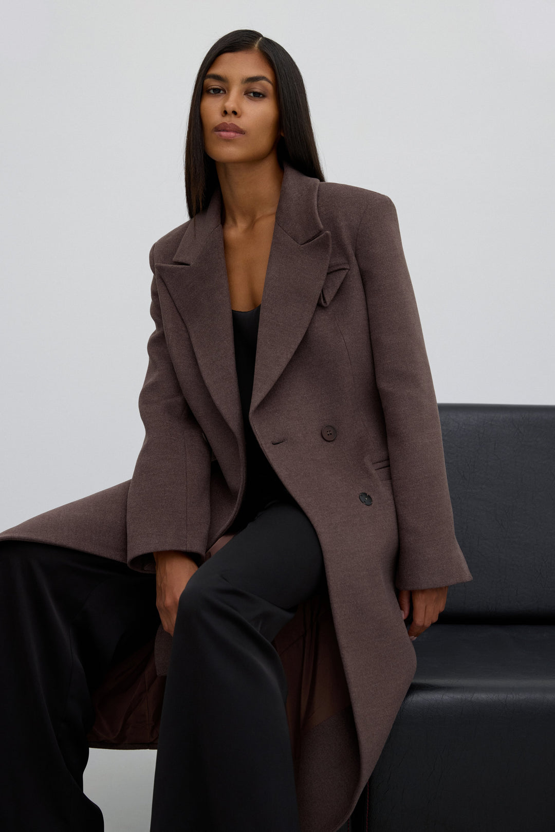 Brown Classic Double-Breasted Mid-Calf Wool Coat.