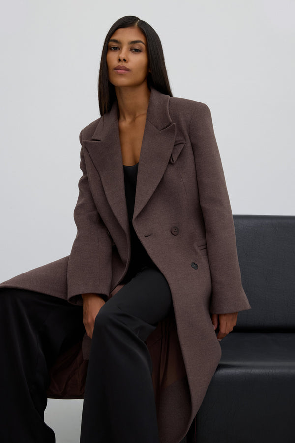 Brown Classic Double-Breasted Mid-Calf Wool Coat.
