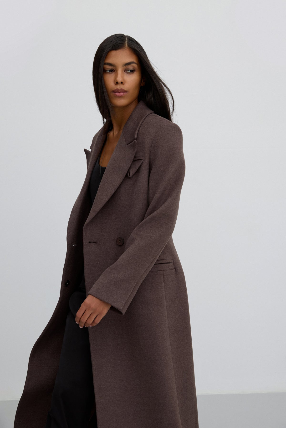 Classic Brown Double-Breasted Mid-Calf Wool Coat Estro ER00118054.