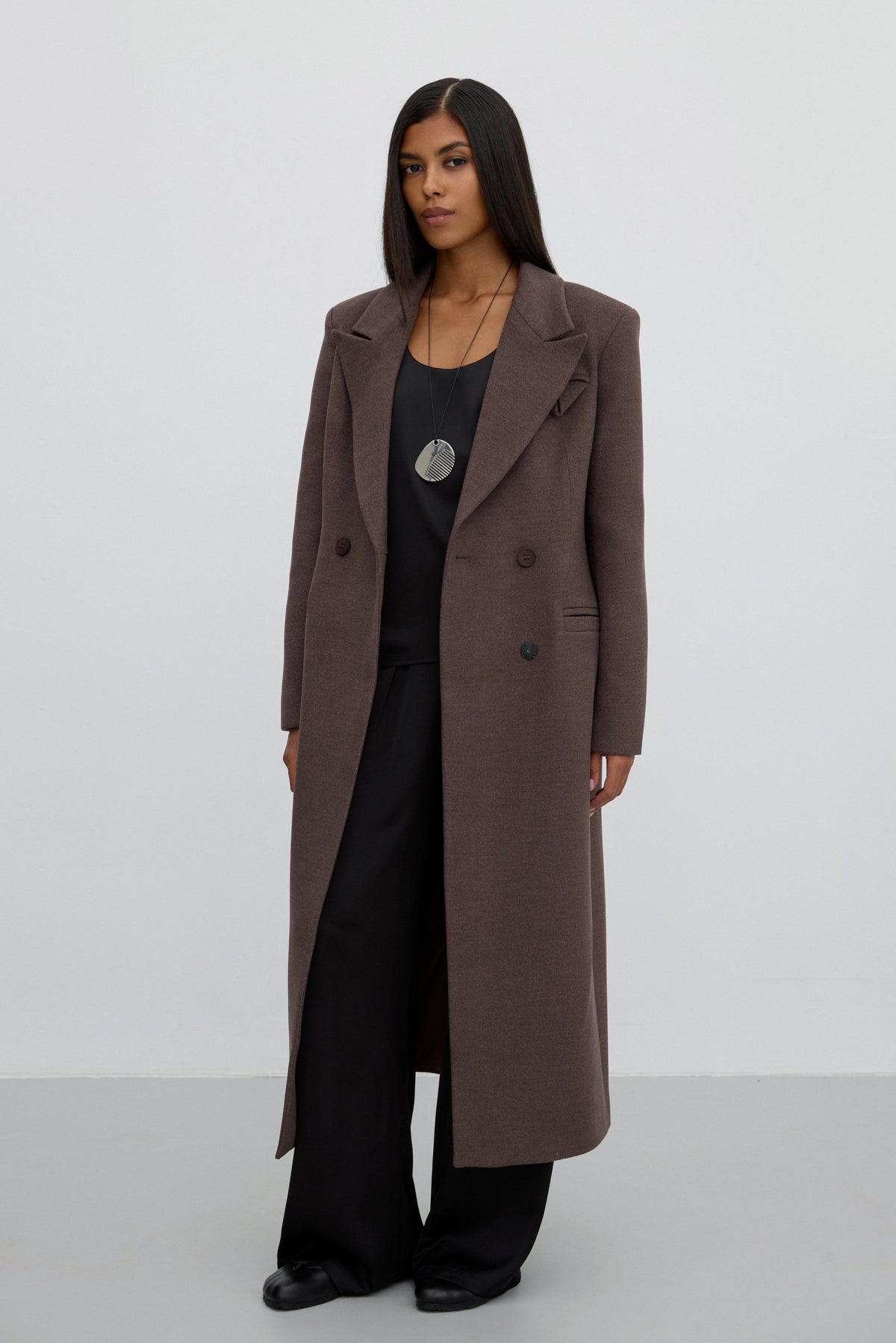 Brown Classic Double-Breasted Mid-Calf Coat.

