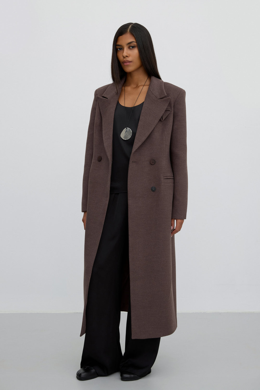 Brown Classic Double-Breasted Mid-Calf Coat.
