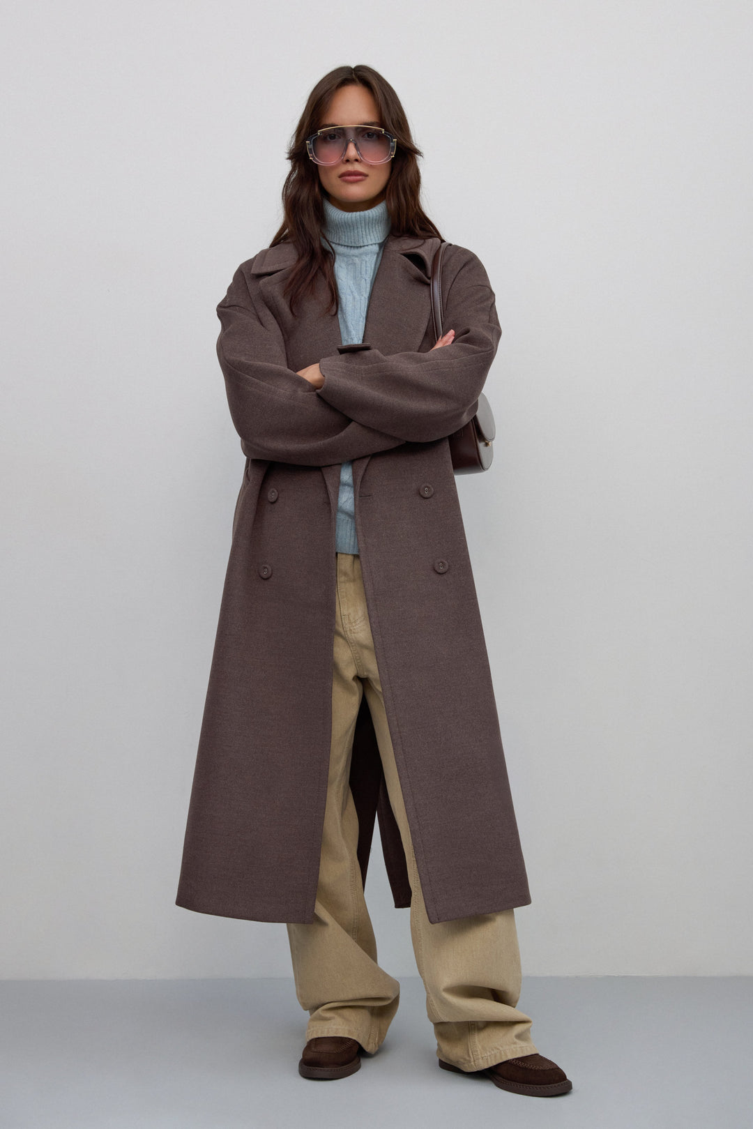 Women’s Brown Double-Breasted Coat with Waist Tie and Wide Lapels Estro ER00117931.
