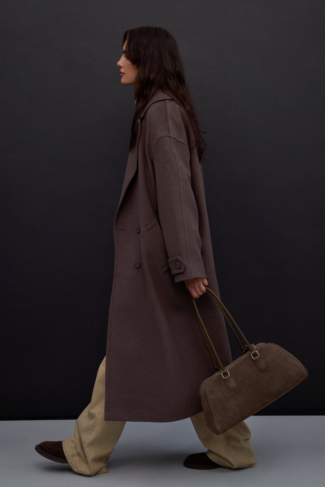 Women’s Brown Double-Breasted Coat with Waist Tie and Wide Lapels Estro ER00117931.