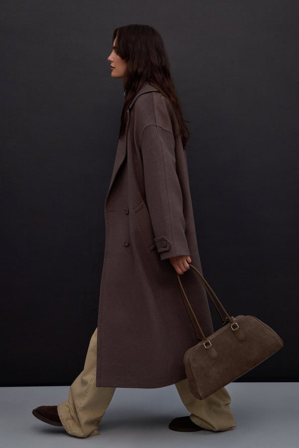 Women’s Brown Double-Breasted Coat with Waist Tie and Wide Lapels Estro ER00117931.