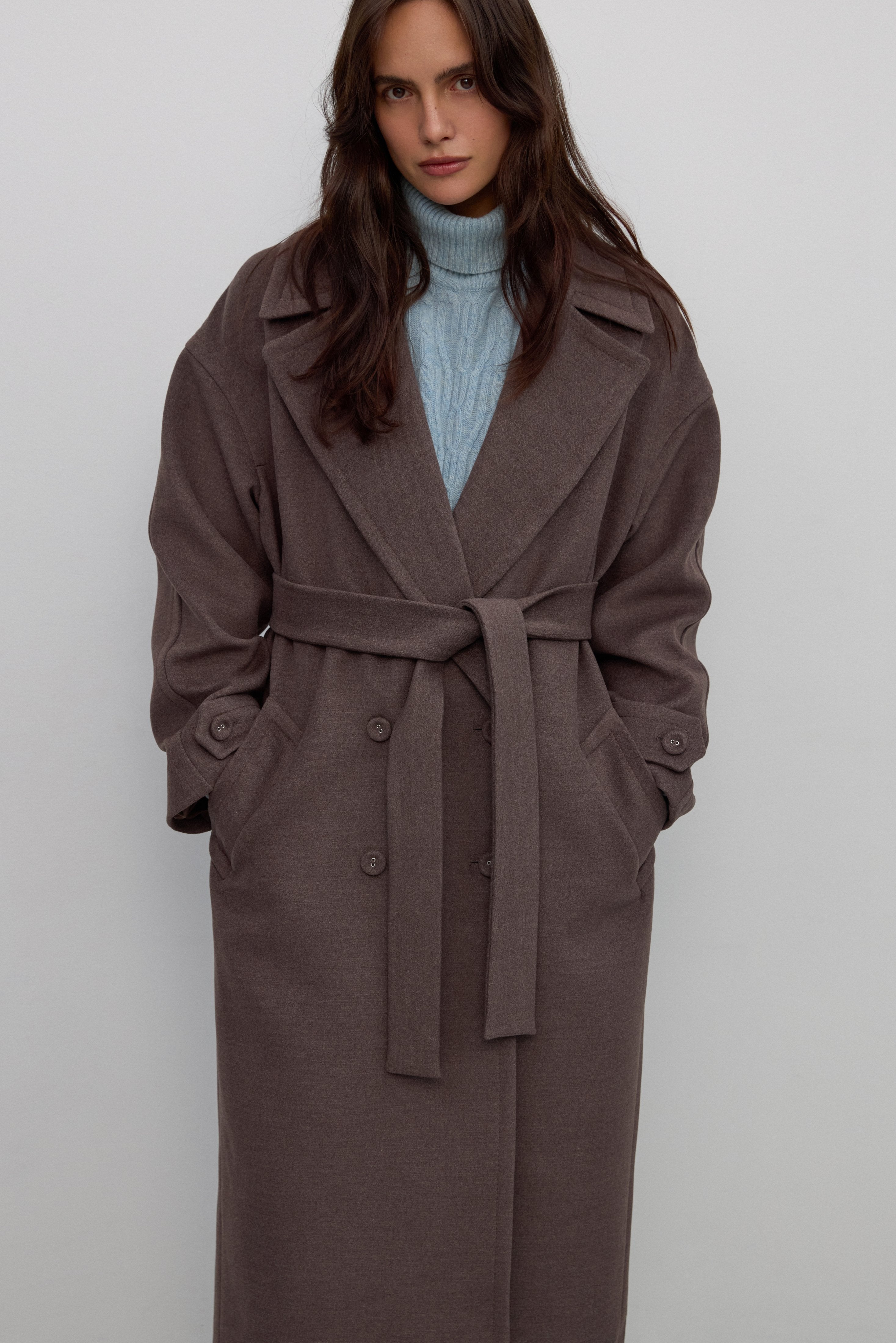 Women’s Brown Double-Breasted Coat with Waist Tie and Wide Lapels Estro ER00117931.