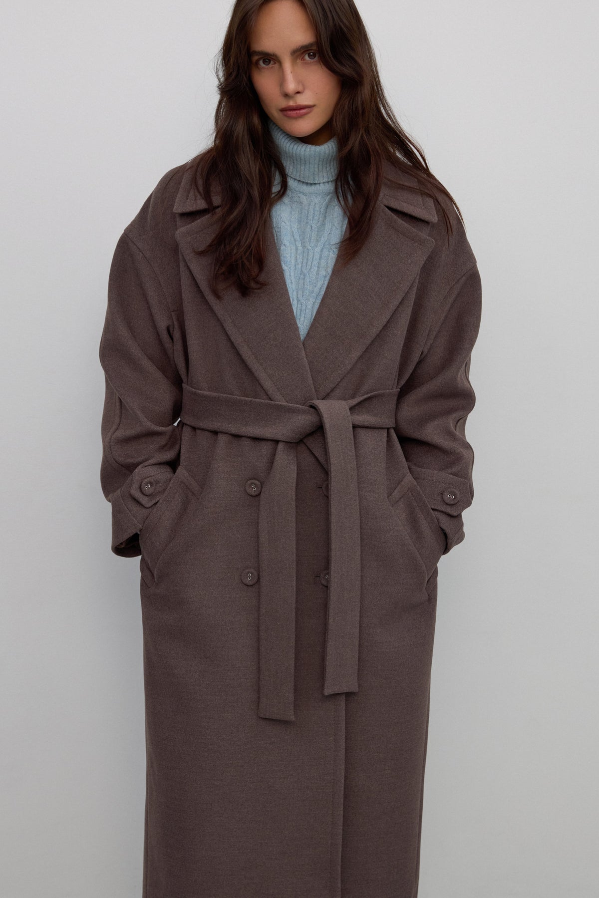 Women’s Brown Double-Breasted Coat with Waist Tie and Wide Lapels Estro ER00117931.