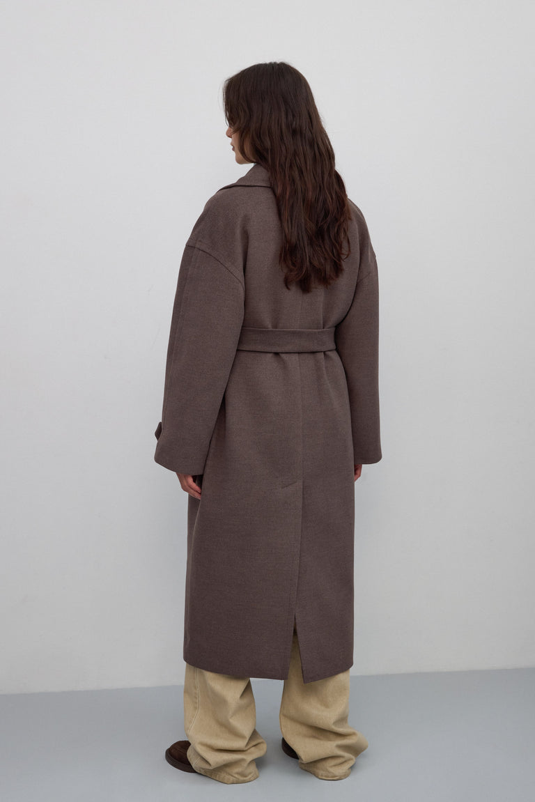 Brown Double-Breasted Women’s Coat Estro ER00117931 with Waist Tie and Wide Lapels.