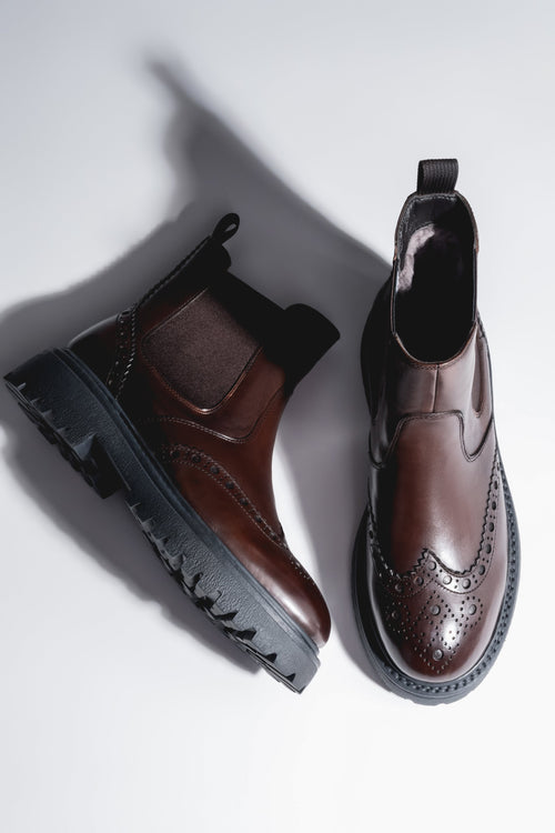 Women's Brown Genuine Leather Perforated Chelsea Boots on Thick Sole Estro ER00120658.