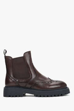 Women's Chelsea boots, brown, leather, on a thick sole, with brogue perforation, Estro.