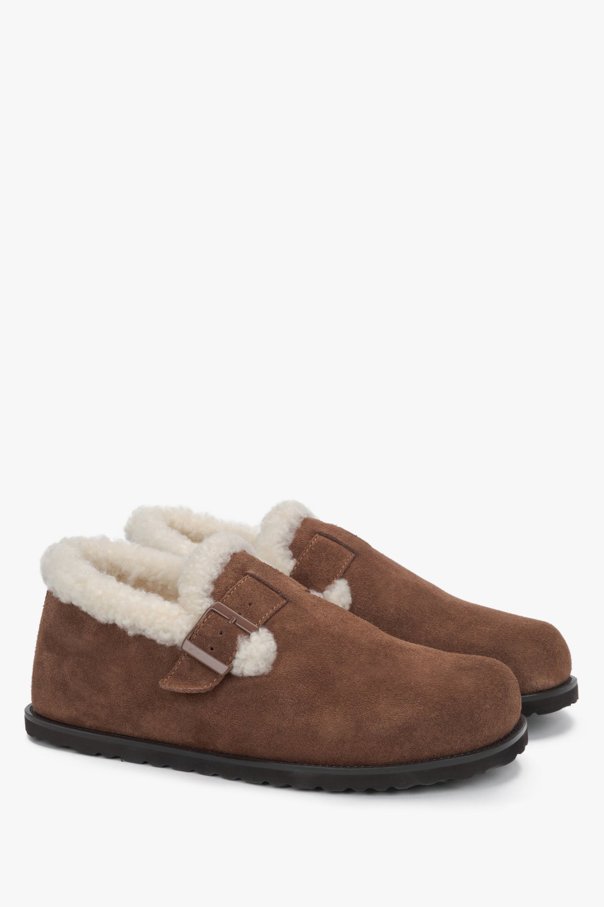 Estro - women's brown genuine velour warm fur-lined loafers with buckle (ER00120636).