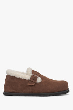 Women's brown genuine velour warm fur-lined loafers with buckle Estro.