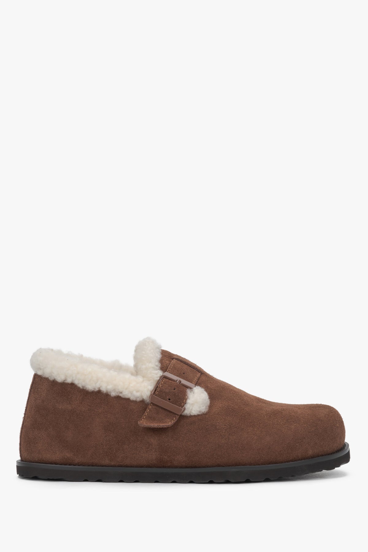 Women's brown genuine velour warm fur-lined loafers with buckle Estro.